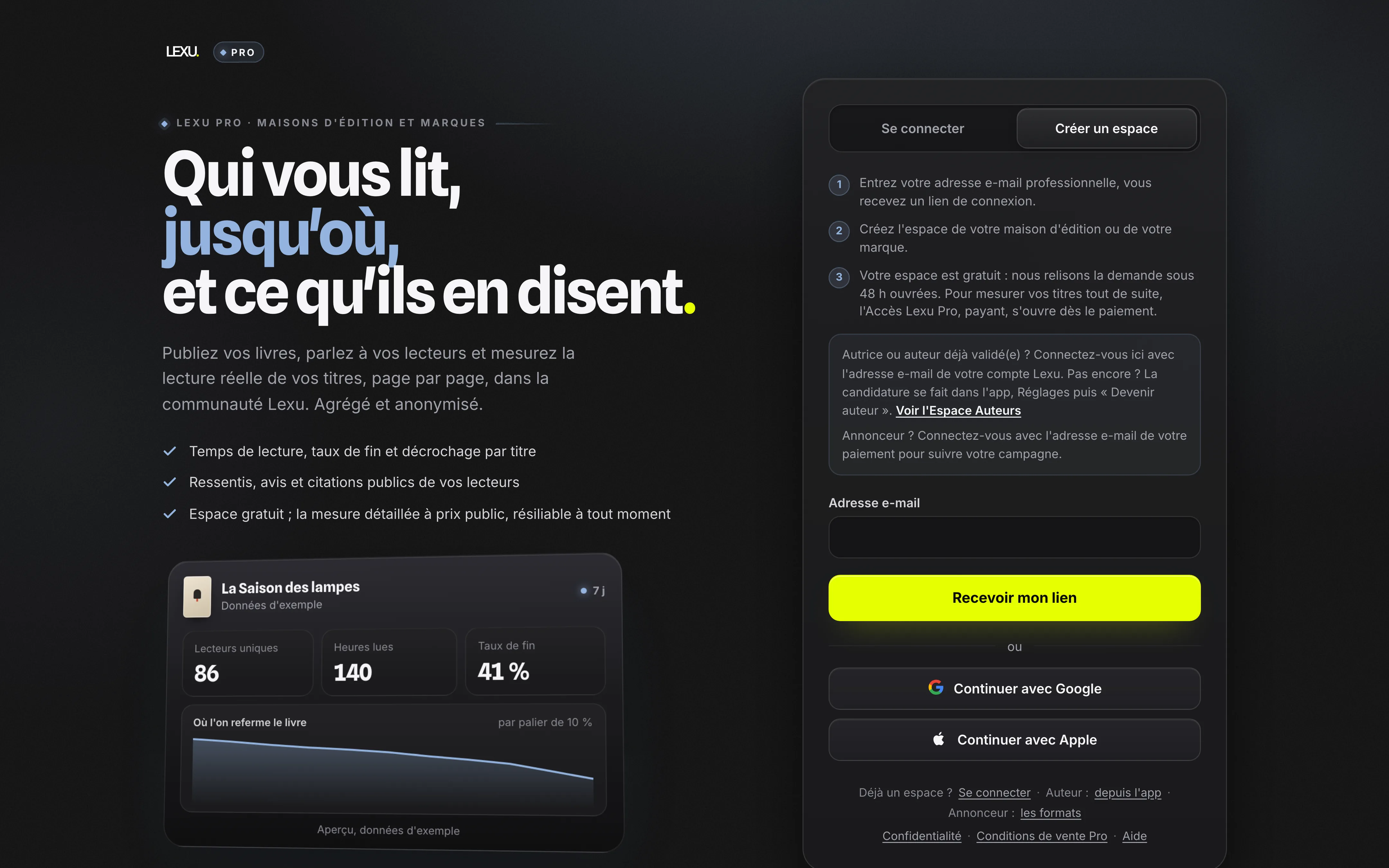 Lexu Pro, écran «&nbsp;Créez votre espace&nbsp;» (lexu.fr/pro), avec des données d'exemple.