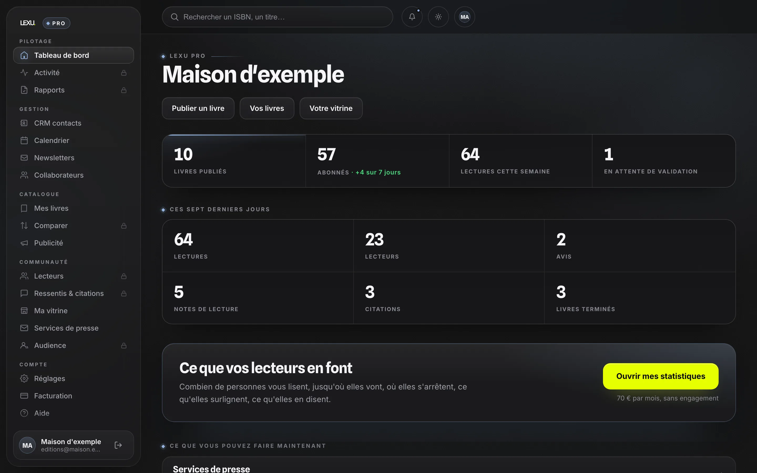 L'accueil de l'espace Lexu Pro de Maison d'exemple&nbsp;: 10 livres publiés, 57 abonnés, 64 lectures cette semaine, puis les sept derniers jours (données d'exemple).