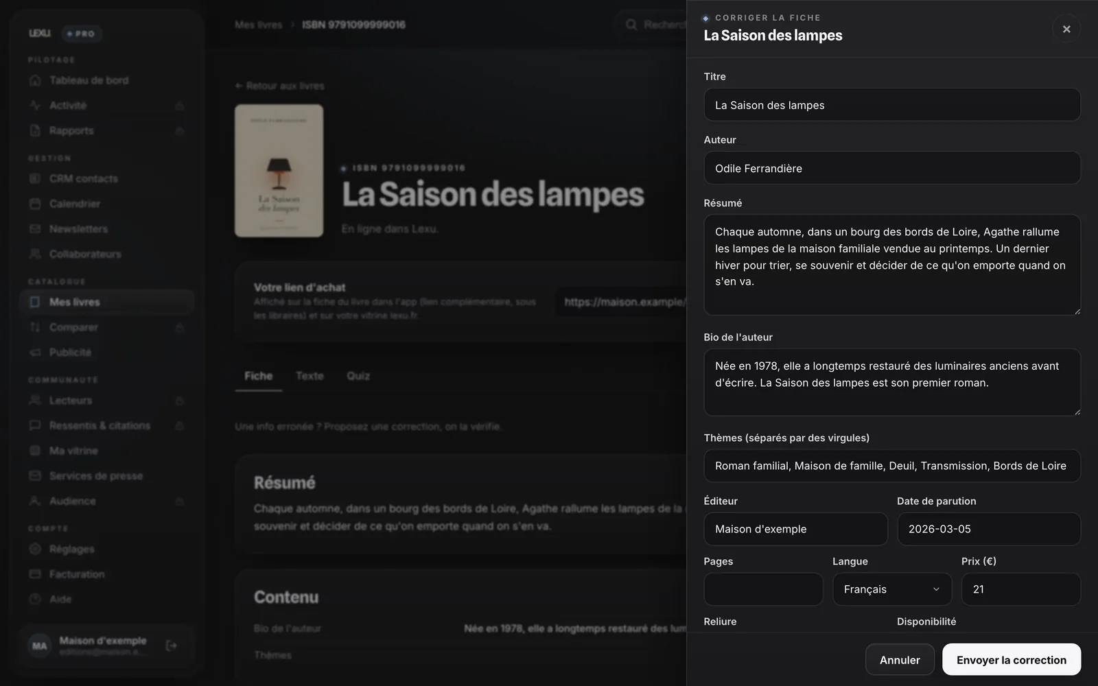Lexu Pro&nbsp;: la correction de la fiche de La Saison des lampes, avec le résumé, la biographie de l'autrice, les thèmes et les pages (données d'exemple).