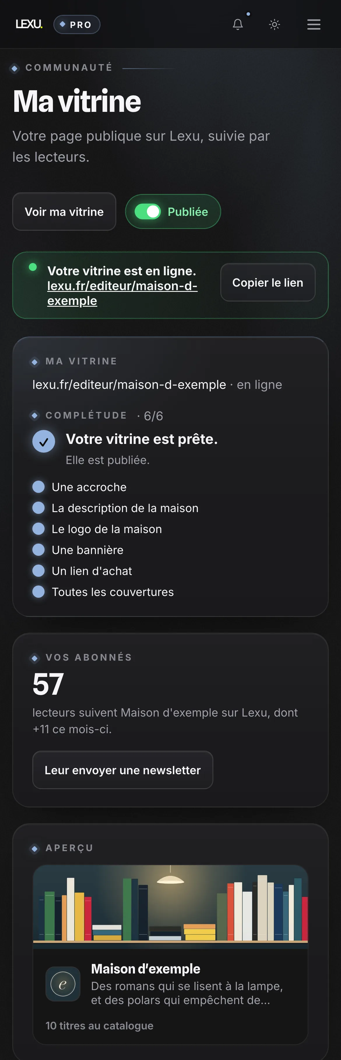 Lexu Pro, Ma vitrine&nbsp;: la vitrine de Maison d'exemple est publiée, en ligne sur lexu.fr/editeur/maison-d-exemple (données d'exemple).