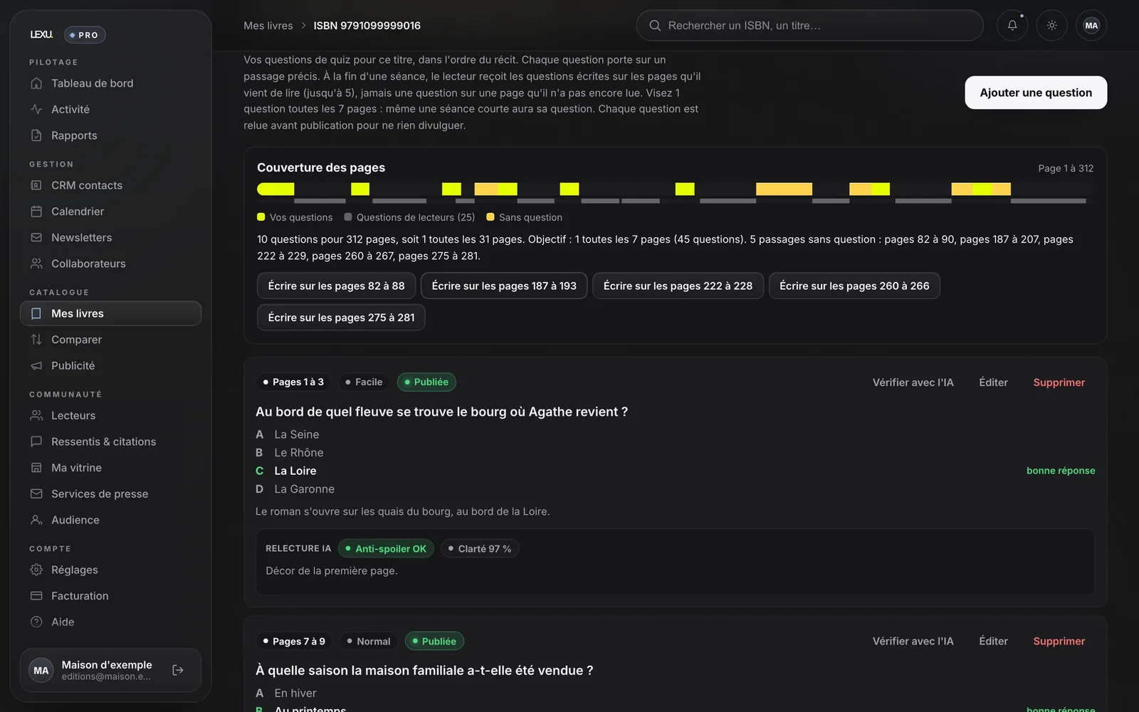 Lexu Pro&nbsp;: l'onglet Quiz de La Saison des lampes, la couverture des 312 pages (vos questions, celles des lecteurs, cinq passages sans question) puis la question des pages 1 à 3, publiée, relue par l'IA (données d'exemple).