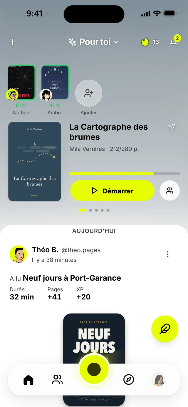 L'accueil de Lexu&nbsp;: deux amis qui lisent en direct, le livre en cours à la page 212 sur 280 et le bouton Démarrer (données d'exemple).