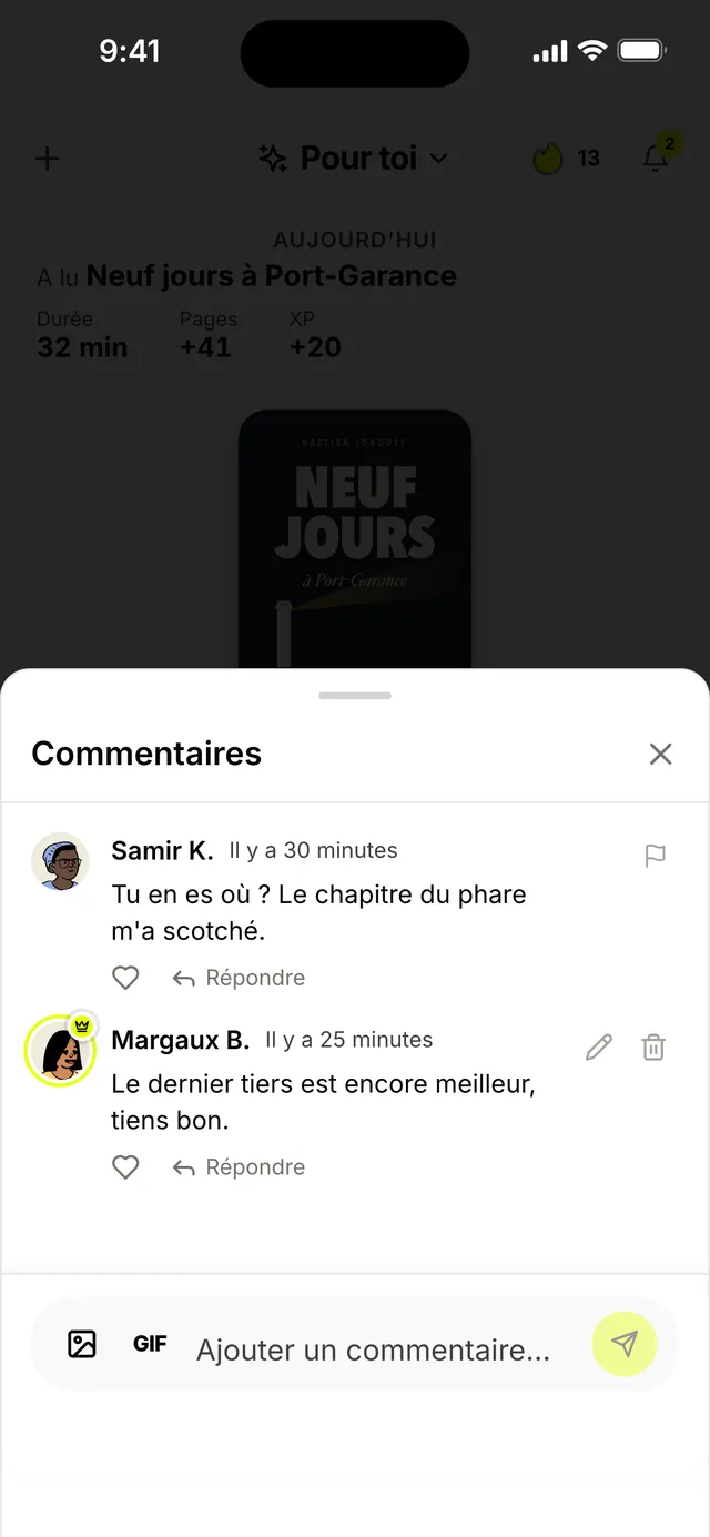 Les commentaires de deux amis sous la séance de Théo (données d'exemple).