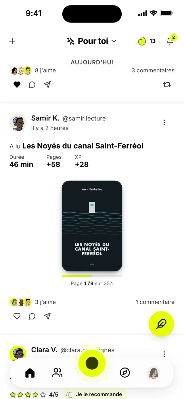 Le fil des amis dans Lexu&nbsp;: le ressenti de Léa, puis la séance de Samir, 46&nbsp;minutes et 58&nbsp;pages (données d'exemple).