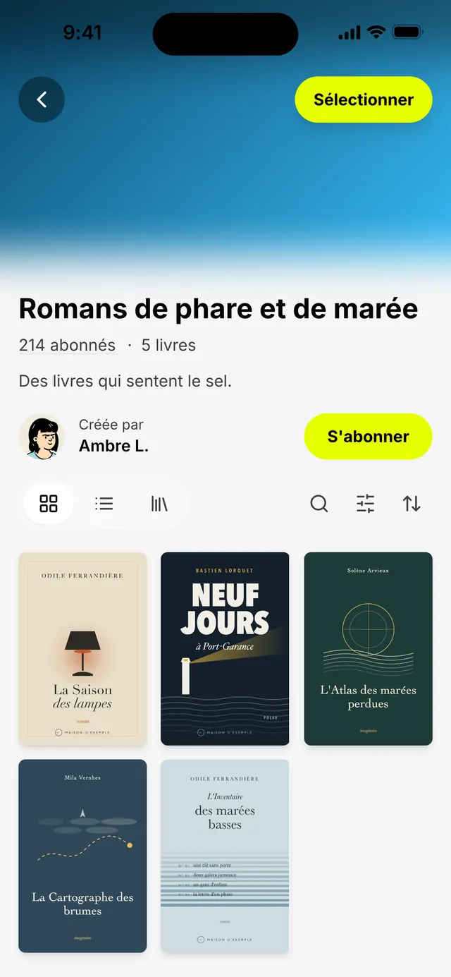 La liste d'Ambre «&nbsp;Romans de phare et de marée&nbsp;»&nbsp;: 214 abonnés, 5 livres (données d'exemple).