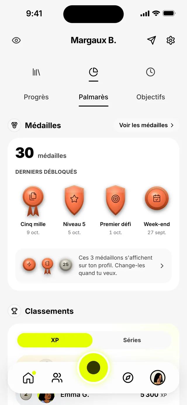 Le palmarès&nbsp;: 30 médailles, les dernières débloquées et le classement XP entre amis (données d'exemple).