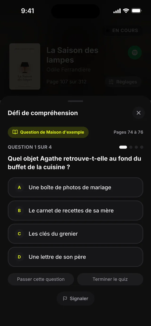 Fin d'une séance de 35&nbsp;pages sur La Saison des lampes&nbsp;: question 1 sur 4, écrite par Maison d'exemple sur les pages 74 à 76 (données d'exemple).