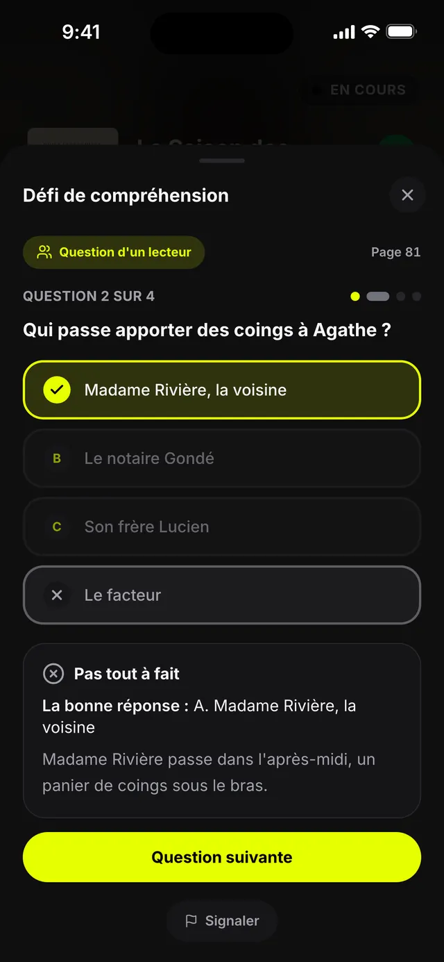 Question 2 sur 4, écrite par un lecteur sur la page 81&nbsp;: la bonne réponse et son explication, tout de suite (données d'exemple).