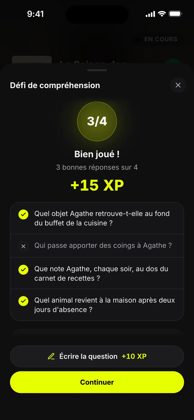 Le score du quiz&nbsp;: 3 bonnes réponses sur 4, 15&nbsp;XP, et l'invitation à écrire la question des pages encore sans question (données d'exemple).
