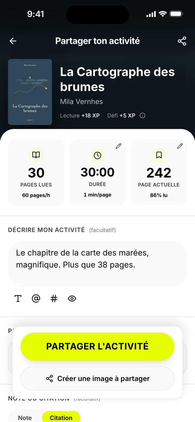 Le récap de fin de séance&nbsp;: 30&nbsp;pages en 30&nbsp;minutes, page 242, 86&nbsp;% du livre, 18&nbsp;XP de lecture et 5&nbsp;XP de défi (données d'exemple).