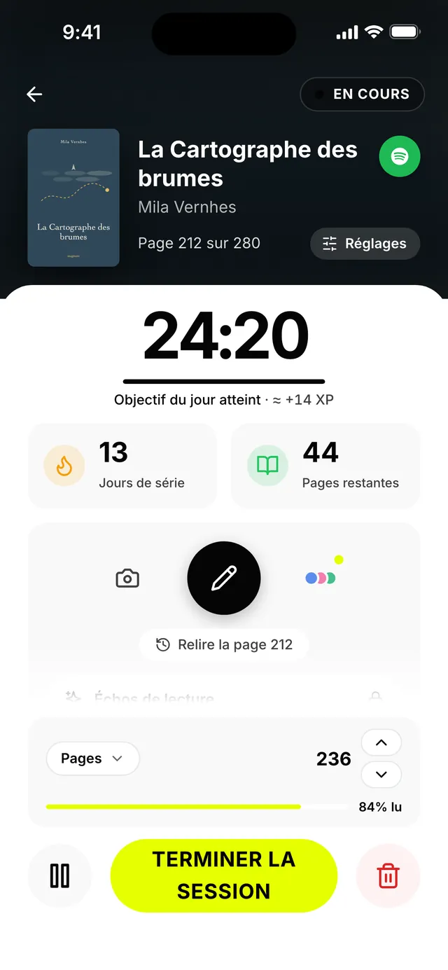 Une séance de lecture en cours dans Lexu&nbsp;: le chrono à 24:20, l'objectif du jour atteint, 13&nbsp;jours de série, page 236 (données d'exemple).