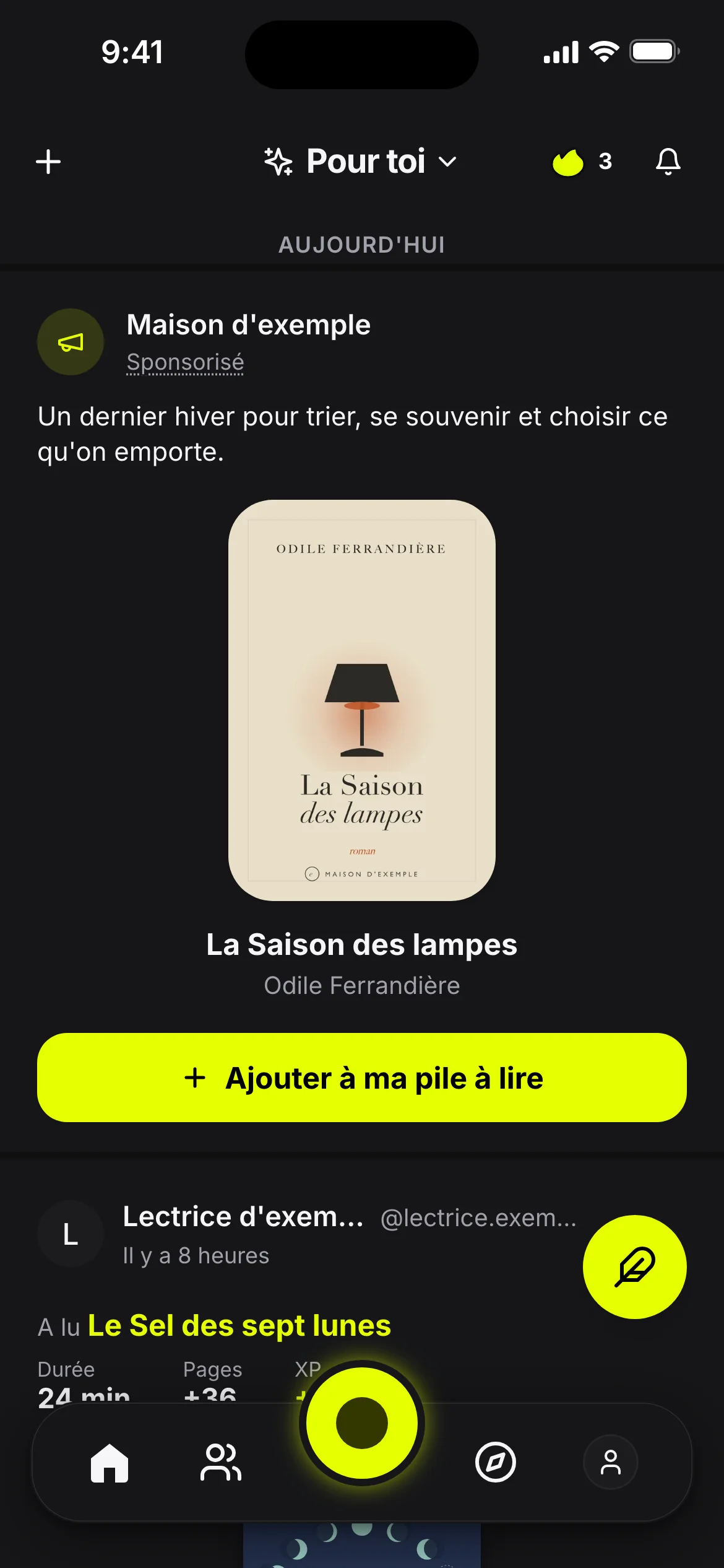 Le fil de l'application Lexu : la carte de Maison d'exemple, marquée Sponsorisé, avec le bouton Ajouter à ma pile à lire (données d'exemple).
